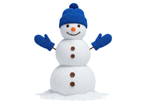 Isolated adorable snowman with blue hat and mittens for Christmas and holiday decorations