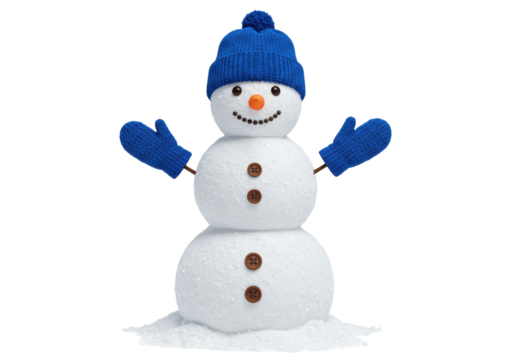 Isolated adorable snowman with blue hat and mittens for Christmas and holiday decorations