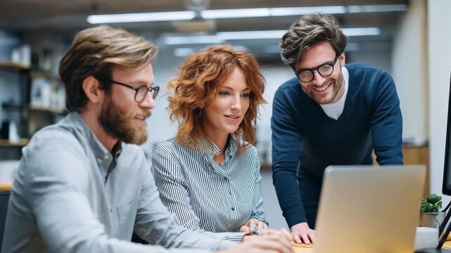 Colleagues collaborate on a project in a modern office setting during the afternoon