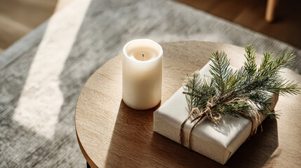 Beautifully wrapped Christmas gift sits on a wooden table beside a lit candle and fresh pine branches, creating a cozy holiday atmosphere