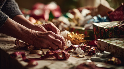 Senior woman carefully wraps holiday gifts with vibrant ribbons and decorative paper, creating a warm festive atmosphere