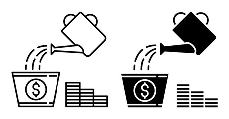Linear icon. Garden watering can waters a flower pot with a money tree. Simple vector isolated on white background