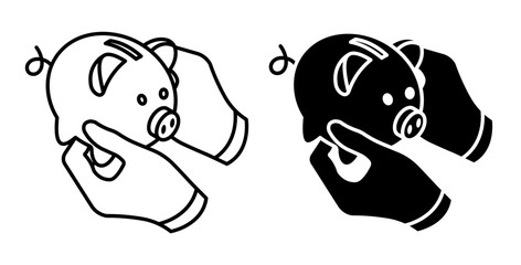 Linear isometric icon. Hands of a thrifty person carefully hold a piggy bank with money savings. Simple vector isolated on white background