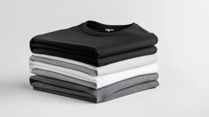 Stacking pile of folded blank black, grey, gray, and white t-shirts with a round neck and a white background cutout. A mockup template for graphic design artwork,
