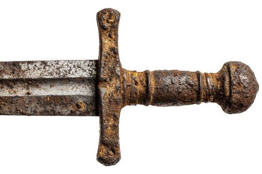 Old rusty sword with weathered blade and worn handle, isolated on transparent background, antique weapon photography, sharp detail - Powered by Adobe