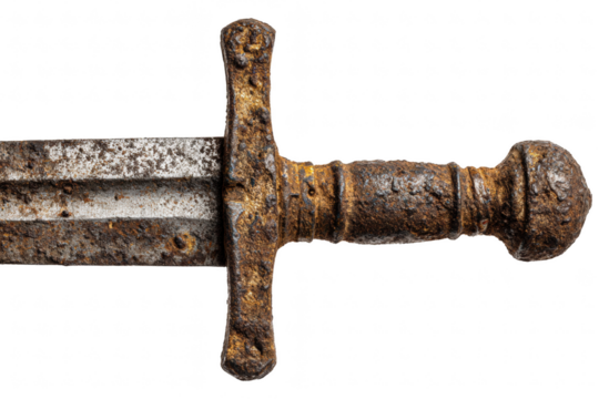 Old rusty sword with weathered blade and worn handle, isolated on transparent background, antique weapon photography, sharp detail
