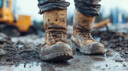 Dirty work boots walk through puddles on a construction site. Low shooting point, wet ground, blurred background.
