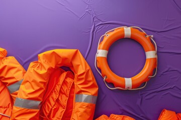 Life jackets and a lifebuoy arranged on a purple background represent the importance of safety precautions in aquatic environments