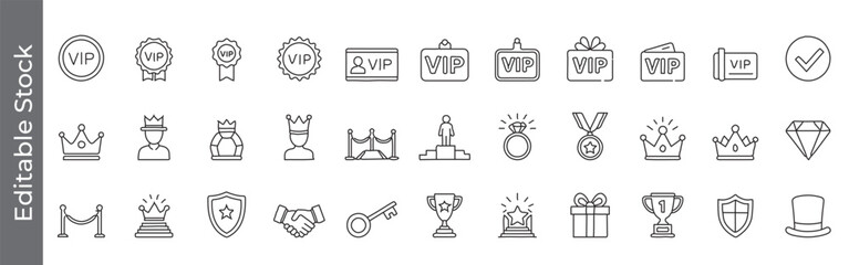 Royal, VIP, luxury, and award line icon set – editable outline symbols of crown, diamond, trophy, medal, gift, handshake and certificate