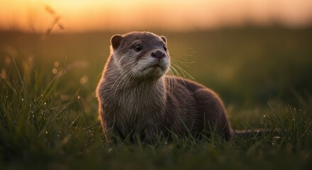 Adorable Otter Sitting in a Grassy Field at Sunset.