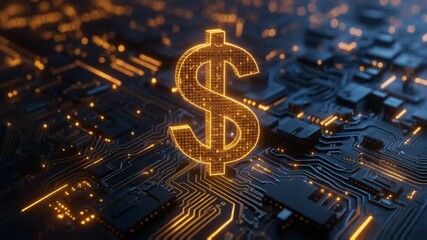 Glowing 3D US dollar sign on digital circuit board background - Powered by Adobe