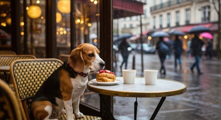 Adorable Beagle Dog Sitting at a Parisian Cafe on a Rainy Day.