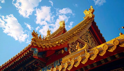 Naklejka premium A close-up view of the intricately decorated golden roof of a traditional Chinese temple, set against a clear blue sky with scattered white clouds.