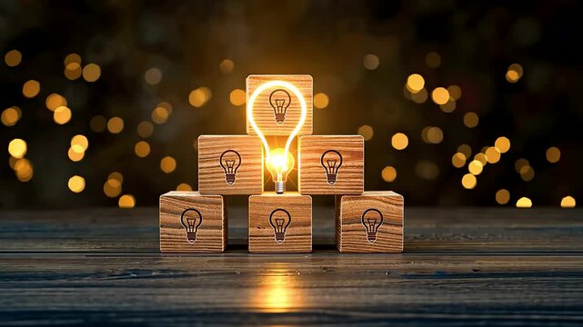 Wooden blocks arranged on a table with a glowing light bulb icon at the center, creating a warm creative concept with golden bokeh effects