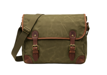 Isolated olive-green canvas and brown leather messenger bag with shoulder strap, new and clean