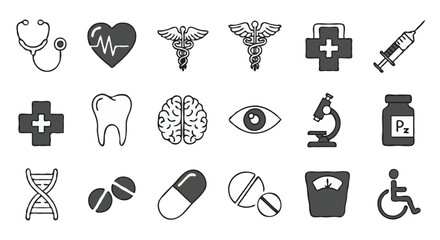 Medical Icon Set – 20 Black Symbols Representing Healthcare, Anatomy, and Diagnostics