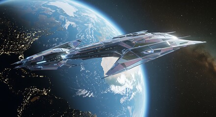 Futuristic spacecraft traveling above Earth, showing global night lights and dawn glow