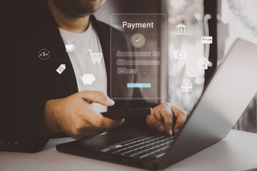Online payment, Business people using computer, Banking, Online shopping, Digital online payment concept, Technology online banking applications via internet network, Financial transaction.