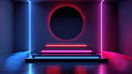 Obraz premium Neon lights neon background and platform in a nightclub 