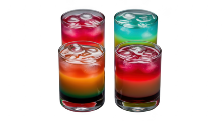 Four colorful cocktails isolated on transparent background, each a unique blend of flavors and hues, offering a refreshing and visually appealing beverage experience for any occasion