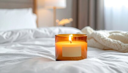 Lit candle sits on a pristine white bed with soft focus background of a bedroom