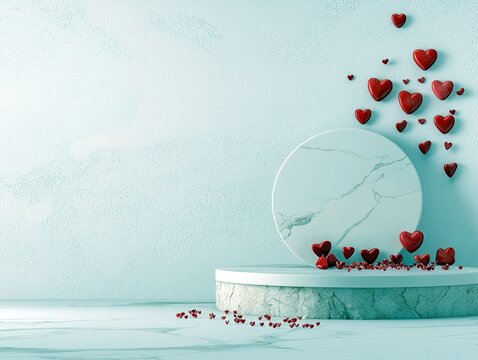 A collection of red hearts are arranged on and around a marble podium, with more hearts floating upwards against a textured blue background. - Powered by Adobe