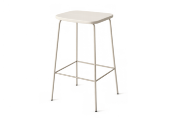 White modern minimalist bar stool with square seat and metal frame, isolated on a transparent background