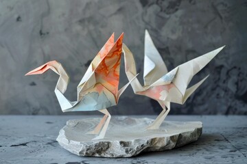 Two origami cranes made from banknotes stand on a stone, showcasing a blend of art and finance