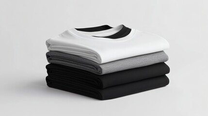 Stacking pile of folded blank black, grey, gray, and white t-shirts with a round neck and a white background cutout. A mockup template for graphic design artwork,
