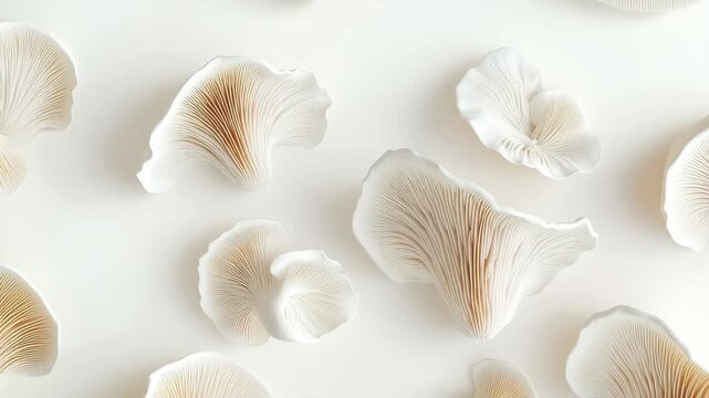 Different types of white mushroom caps are artistically displayed on a light surface. The soft curves and intricate gills create an elegant composition highlighting nature's details.