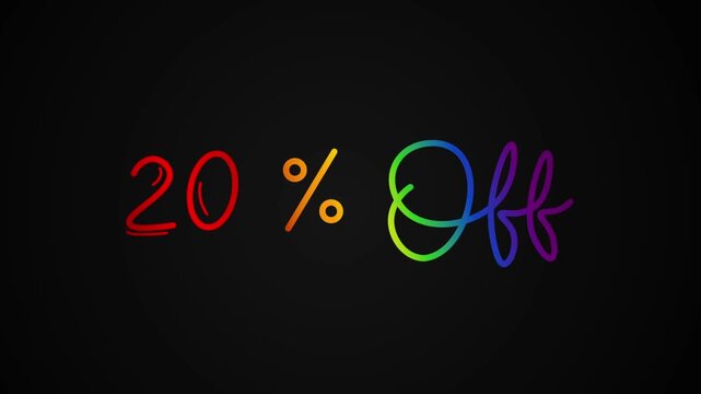 20% offer One line continuous animated typography intro outro, hand drawn calligraphy monoline vintage text on background, aniamted Calligraphy lettering animation video rainbow type on black backdrop