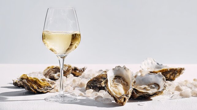 A glass of white wine served with oysters