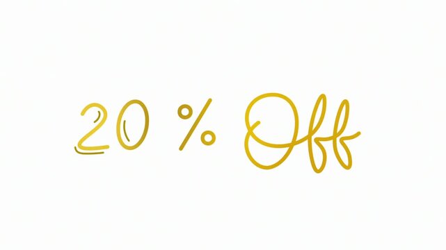 20% offer One line continuous animated typography intro outro, hand drawn calligraphy monoline vintage text on background, aniamted Calligraphy lettering animation video golden type on white backdrop