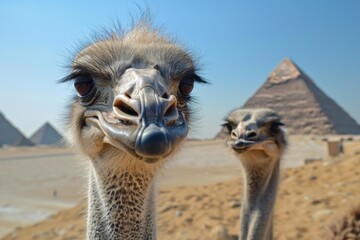 Two ostriches are standing in front of the pyramids of giza, offering a unique and humorous juxtaposition