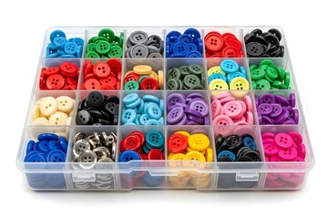 Colorful assortment of small round buttons in a clear compartmentalized organizer