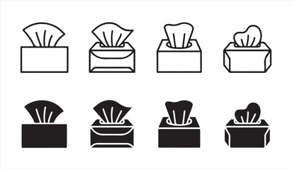 Tissue Box Icon Set Featuring Outline and Solid Silhouettes for Hygiene and Cleaning