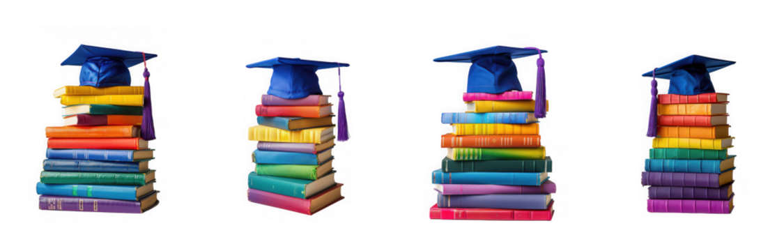 Stacks of colorful books topped with graduation caps isolated on transparent background, symbolizing academic achievement and the pursuit of knowledge - Powered by Adobe