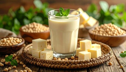 Glass of soy milk, accompanied by soy beans and tofu cubes, presented on a rustic, wooden surface