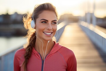 Happy athlete listening to music with headphones while taking a break from training on a bridge at sunset