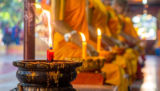 Lit candles and monks in saffron robes praying in a temple with smoke rising - Powered by Adobe