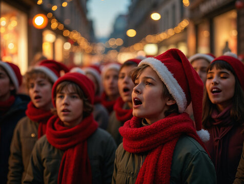 Grupo de ni&ntilde;os cantando villancicos en la calle durante la temporada navide&ntilde;a