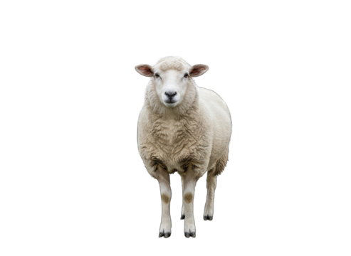 A fluffy white sheep stands facing forward on a transparent black background showcasing its detailed wool and alert expression, isolated for equestrian or farm concepts