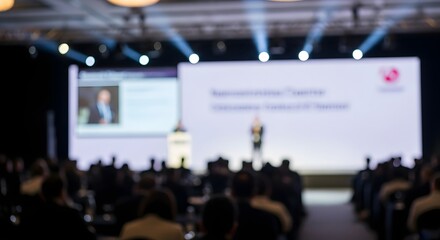 Blurred conference event with presentation and audience for business and technology industry update trends on transparent background