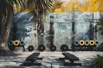 Weightlifting equipment displayed in a tropical outdoor gym setting, promoting a healthy and active lifestyle