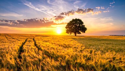 Golden field with a solitary tree bathed in warm sunlight, cloud-streaked sky at sunset