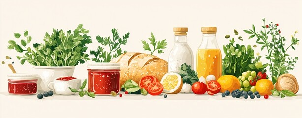 fresh farm brunch with illustrated food elements like jam, herbs, and bread in soft palette, flat design vector art 