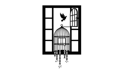 Silhouette of a bird escaping its open cage and flying towards freedom through a window.
