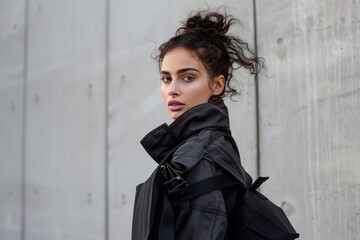 Naklejka premium Stylish model showcasing contemporary fashion with a black jacket and backpack against a concrete wall