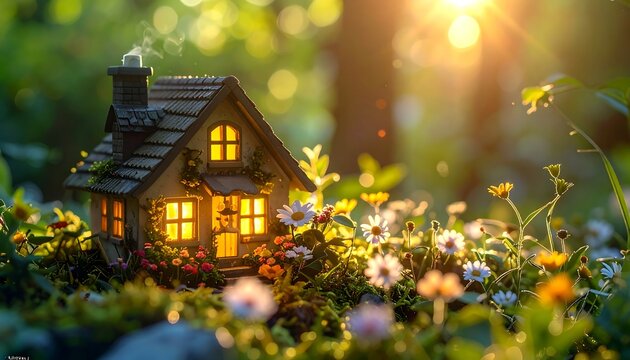 Miniature cottage, glowing warmly amongst wildflowers and lush greenery bathed in golden sunlight, evokes a magical feel - Powered by Adobe