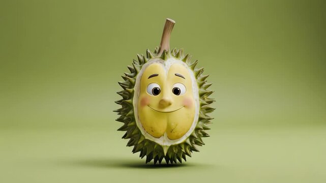 A happy cartoon durian fruit hangs from a stem